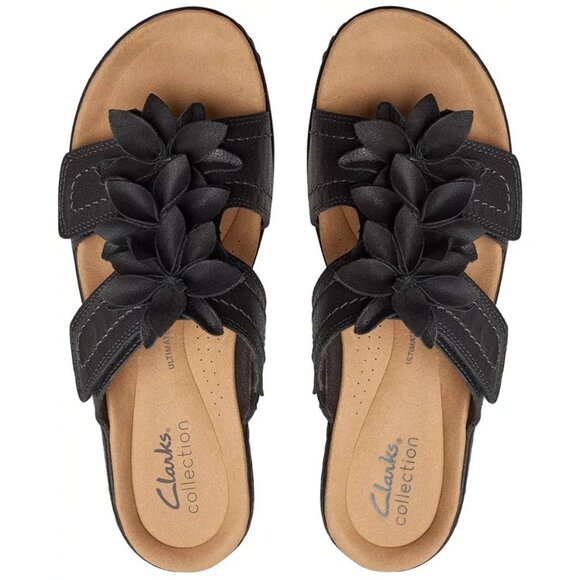 Clarks Merliah Raelyn Flower Wedge Sandals 8 Black Leather MSRP $100 - Picture 2 of 4